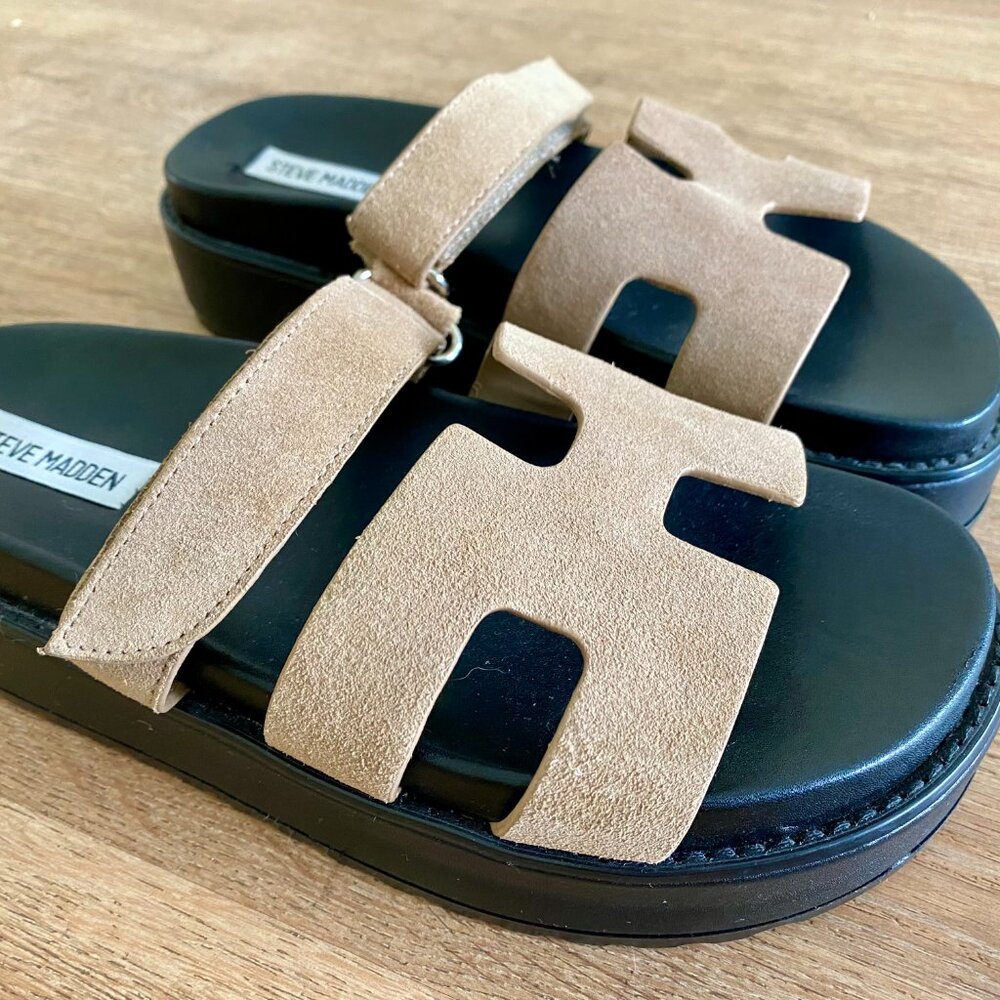 Steve Madden Bigmayven Flatform Slide Sandals in Tan Nubuck - 8M